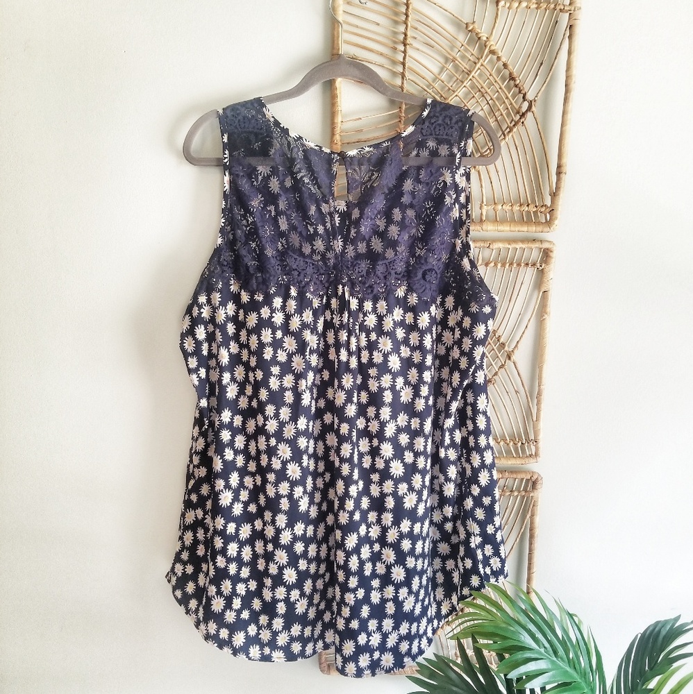 JUNAROSE Navy Daisy Top Lace Detail Plus Size 14